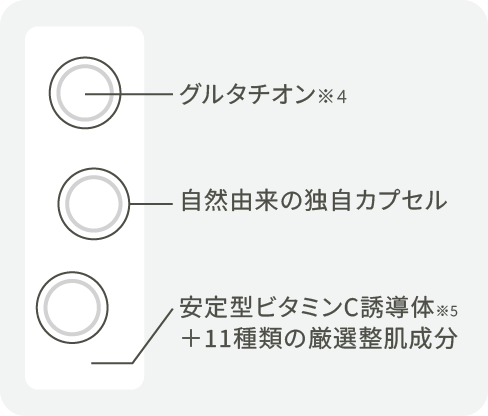 アスタキサンチン / 自然由来の独自カプセル / 安定型ビタミンC誘導体※ / 11種類の厳選整肌成分 / ※3ーグリセリルアスコルビン酸（製品の抗酸化剤）