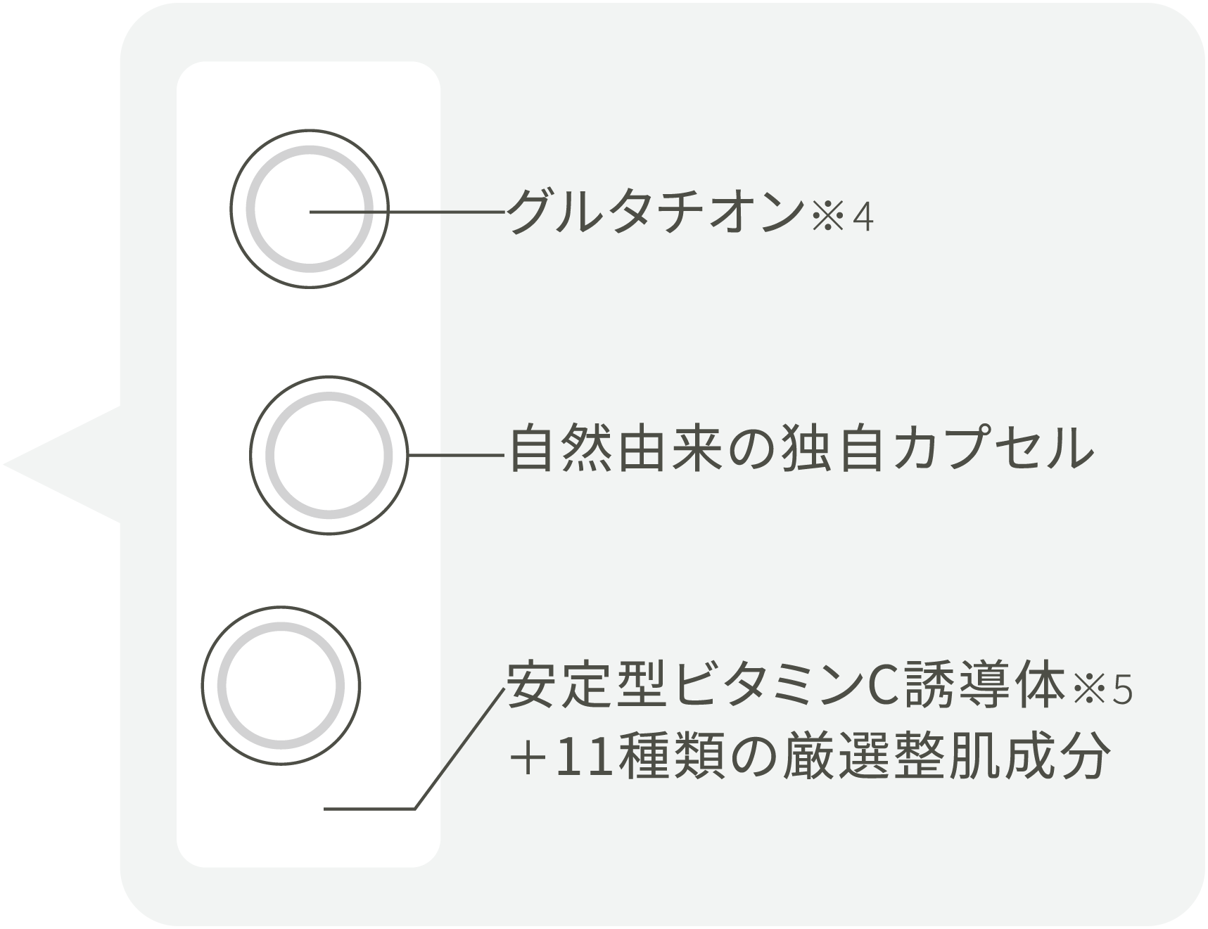 アスタキサンチン / 自然由来の独自カプセル / 安定型ビタミンC誘導体※ / 11種類の厳選整肌成分 / ※3ーグリセリルアスコルビン酸（製品の抗酸化剤）